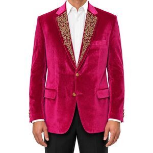 Mens 46R Pink Velvet Blazer Hand Embroidered Floral Lapel Wedding Tuxedo Suit